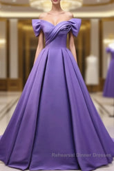 Off The Shoulder Purple Satin Ruched Semi Formal Prom Dress